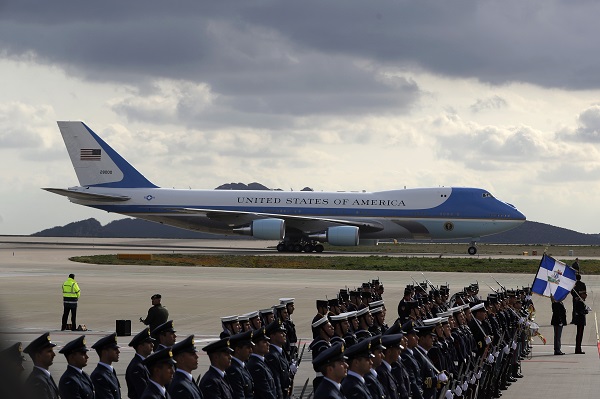 The Air Force One lands at the Athens International Airport Eleftherios Venizelos on Tuesday, Nov. 15, 2016. President Barack Obama arrived in Greece Monday morning on the first stop of his final foreign tour as president, the first visit to Greece by a sitting U.S. president since Bill Clinton in 1999 trip. (AP Photo/Thanassis Stavrakis)